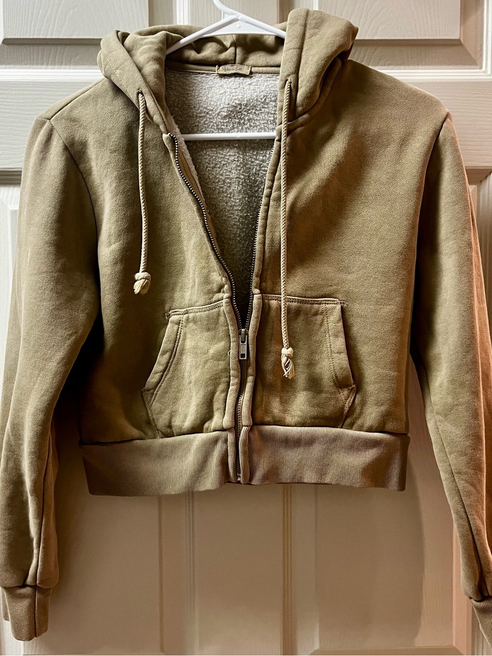 Brandy Melville Cropped Hooded Bomber Jacket in Olive/Brown